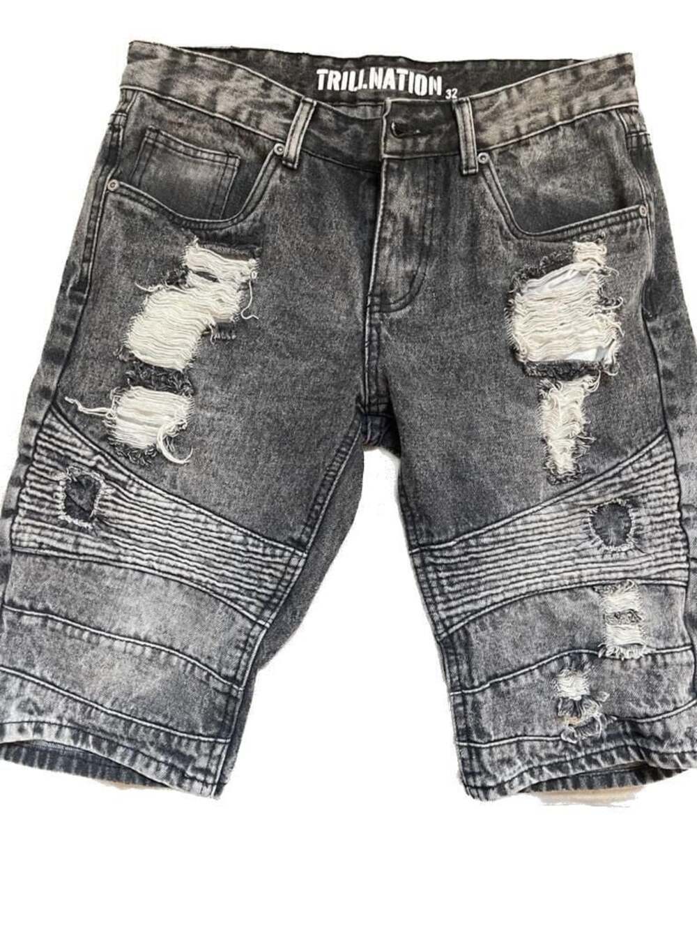 Trill Nation Distressed Biker Denim Shorts Acid Wash Size 32